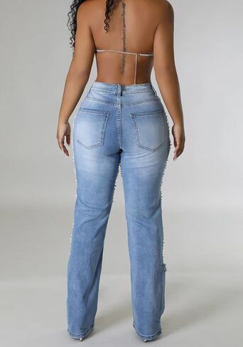 NRTHYE Womens High Waist Ripped Jeans Sexy Pearl Chains Rhinestones Straight Leg Stretch Distressed Denim Pants in Saudi Arabia