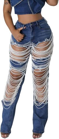 NRTHYE Womens High Waist Ripped Jeans Sexy Pearl Chains Rhinestones Straight Leg Stretch Distressed Denim Pants in Saudi Arabia