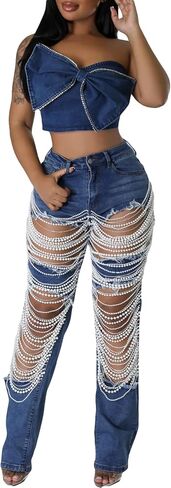 NRTHYE Womens High Waist Ripped Jeans Sexy Pearl Chains Rhinestones Straight Leg Stretch Distressed Denim Pants in Saudi Arabia
