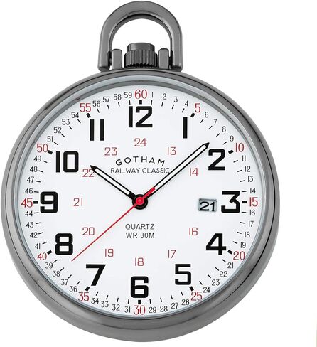 ساعة جيب جوثام للرجال من الفولاذ المقاوم للصدأ، انالوج كوارتز، عرض التاريخ، طراز السكك الحديدية # GWC14107B in Kuwait