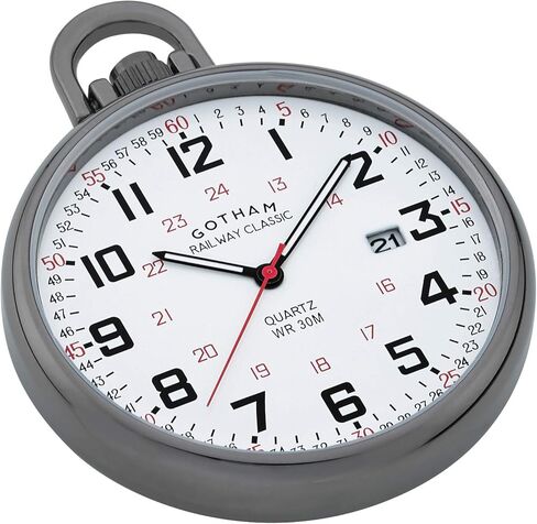 ساعة جيب جوثام للرجال من الفولاذ المقاوم للصدأ، انالوج كوارتز، عرض التاريخ، طراز السكك الحديدية # GWC14107B in Kuwait