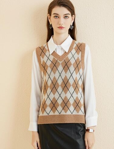 Women's 100% Merino Wool Sweater Vest 2024 Fall Winter Diamond Lattice V Neck Sleeveless Knit Sweater Vest in Saudi Arabia