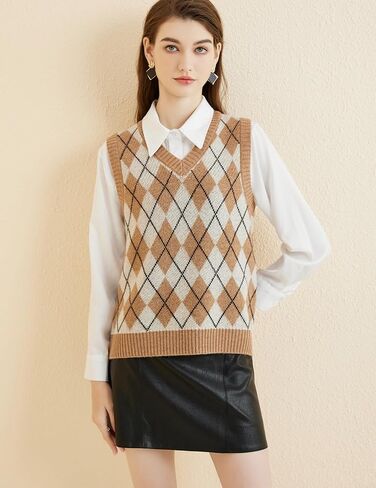 Women's 100% Merino Wool Sweater Vest 2024 Fall Winter Diamond Lattice V Neck Sleeveless Knit Sweater Vest in Saudi Arabia