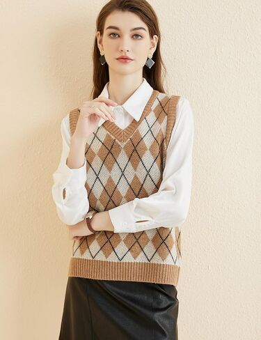 Women's 100% Merino Wool Sweater Vest 2024 Fall Winter Diamond Lattice V Neck Sleeveless Knit Sweater Vest in Saudi Arabia