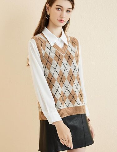 Women's 100% Merino Wool Sweater Vest 2024 Fall Winter Diamond Lattice V Neck Sleeveless Knit Sweater Vest in Saudi Arabia