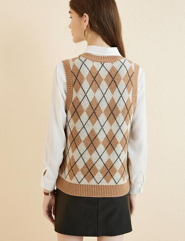 Women's 100% Merino Wool Sweater Vest 2024 Fall Winter Diamond Lattice V Neck Sleeveless Knit Sweater Vest in Saudi Arabia