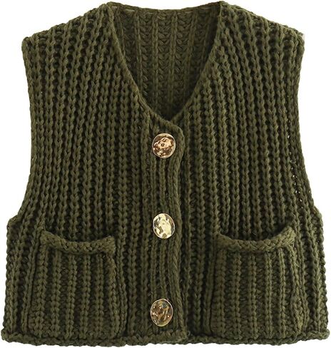 HOULENGS Women's Winter Chunky Sweater Vest 2024 Button Down Sleeveless Knit Top Fashion Cardigan Vest with Pockets in Saudi Arabia