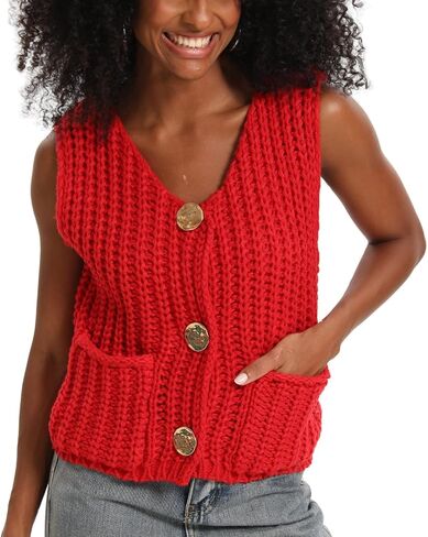 سترة شتوية نسائية من HOULENGS سترة شتوية مكتنزة 2024 بأزرار سفلية بدون أكمام سترة صوفية عصرية مع جيوب in Kuwait