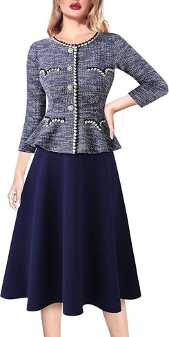 VFSHOW Womens 2024 Fall Work Business Dresses Buttons Peplum Office Slimming Crew Neck Patchwork A-Line Fit and Flare Dress in Saudi Arabia