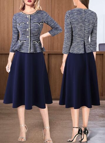 VFSHOW Womens 2024 Fall Work Business Dresses Buttons Peplum Office Slimming Crew Neck Patchwork A-Line Fit and Flare Dress in Saudi Arabia
