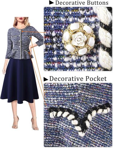 VFSHOW Womens 2024 Fall Work Business Dresses Buttons Peplum Office Slimming Crew Neck Patchwork A-Line Fit and Flare Dress in Saudi Arabia