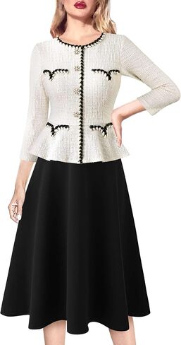 VFSHOW Womens 2024 Fall Work Business Dresses Buttons Peplum Office Slimming Crew Neck Patchwork A-Line Fit and Flare Dress in Saudi Arabia