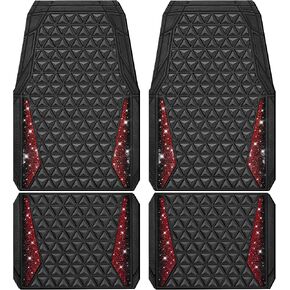 CAR PASS Bling Car Mats Diamond Rubber Floor Mats Full Set Anti-Slip 3D Rhombus Waterproof Trim to Fit Liner Universal Glitter Crystal Sparkly Shining Rhinestone Girl Women SUV Sedan Van, Black Silver