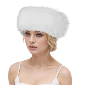 Faux Fur Headband for Women with Elastic Fuzzy Fur Hat Winter Earwarmer Earmuff Furry Headwrap for Cold Weather Ski White