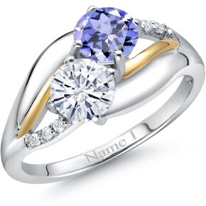 Gem Stone King 925 Sterling Silver and 10k Yellow Gold Customized and Personalized 5MM Round Gemstone Birthstone and White Lab Grown Diamond 2 Stone Name Engraved Ring For Women