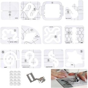 قالب خياطة اللحف ذو الحركة الحرة، مجموعة مساطر قالب اللحف ذات الحركة الحرة 14 قطعة مع 11 قالب اللحف، إطار اللحف، مسطرة ذات ساق عالية وملصقات اللحف in Kuwait
