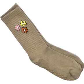 Grip Socks for Yoga and Pilates, Crew length Cute Tan Daisy Design, Anti-slip Safety Socks for Pilates and Yoga. Studio quality