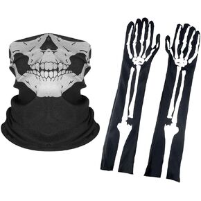 Halloween Skeleton Gloves Long and Skull Face Mask Half Ghost Bones for Adult Hallowmas Cosplay Dance Costume Party