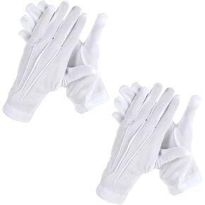 2 Pairs White Cotton Gloves for Men, Uniform Gloves Costume Stitched Snap Fastener for Formal Wedding Jewelry Inspection