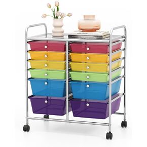 12 Drawers Rolling Storage Cart, Multipurpose Storage Organizer Cart with Lockable Casters, Mobile Utility Cart for Garage Office Home Kitchen (Rainbow+Clear)