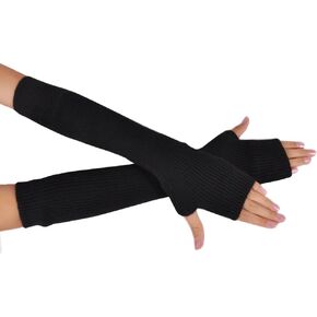 1pair Long Arm Long Thumb Hole Mittens Cotton Fingerless Sleeves Thin Arm Winter Warmer Sleeves For Girls Women (Black)