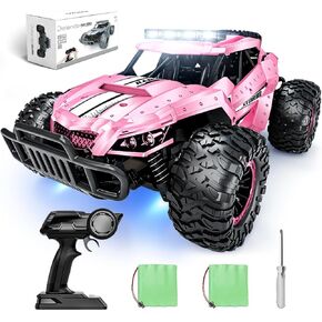 Tecnock Pink RC Car 1/16 Scale Remote Control Car for Girls, High Speed 25 Km/h All Terrains Rc Monster Truck with Two Rechargeable Batteries & Head Chassis Lights Gift Toy for Kids Adults