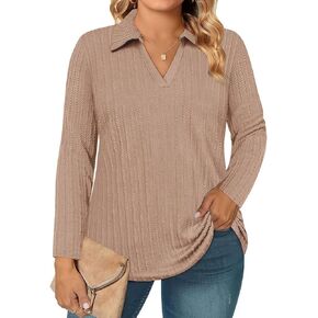 RITERA Plus Size Polo Shirts for Women Knit V Neck Tops Fall Winter Long Sleeve Collared Shirts XL-5XL
