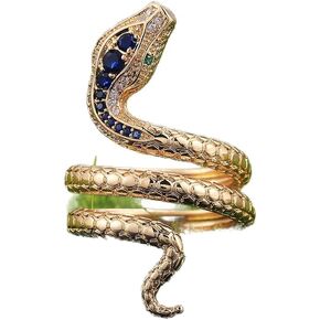 18K Gold Plated Vintage Snake Ring Snake Ring Men Women Blue Diamond Exquisite Retro Animal Fashion Personality Women's Gold Plated Snake Open Rings 9