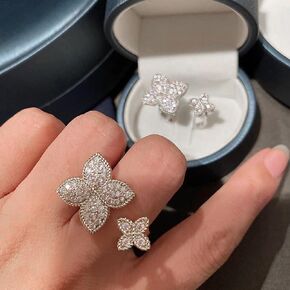 Metmejiao CZ Rings Open Adjustable Four Leaf Clover Flower White CZ Flower Lucky Four Leaf Clover Inset Ring Set for Women Teen 925 Sterling Silver Cubic Zirconia