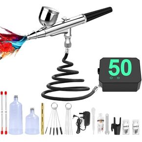 Airbrush Kit with Compressor - 50PSI High-Pressure Portable Air Brush with 0.2/0.3/0.5mm Nozzle, Non-Clogging Spray Gun with Cleaning Brush for Painting Model Barber Cake