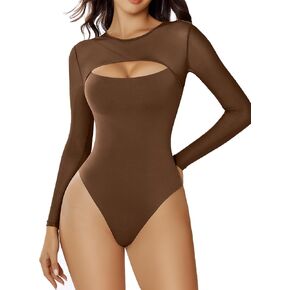 Avidlove Bodysuits for Women Round Neck Shapewear Bodysuit Long Sleeve Bodysuit Sexy Mesh Top Double Lined Cutout Shirt