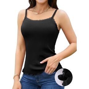 V FOR CITY Lace Camisole for Women with Built-in Bra Adjustable Spaghetti Strap Camis Tanks Lettuce Hem Ribbed Undershirt