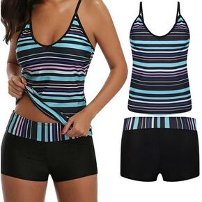 Women's Two Piece Swimwear Gradient Color Tankini Set Top with Shorts Low Waist Sporty Swimsuit Bikini