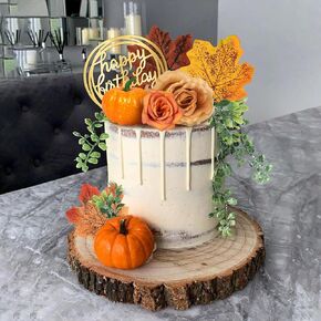 Flower Cake Toppers with Artificial Rose Pumpkin Maple Leaves Cake Decorations for Birthday Party Wedding Autumn Party Supplies