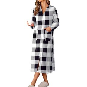 Ekouaer Women Zipper Robe Long Sleeves Bathrobe Winter Sleepwear Warm Soft Housecoat with Pockets Zip Up House Robes
