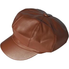 Womens PU Leather Newsboy Cap Solid Color Octagonal Beret Hat Vintage Bakerboy Visor Cap