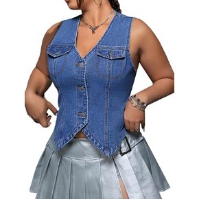 SHENHE Women's Plus Size Denim Vest V Neck Button Down Asymmetrical Y2k Jean Vest Crop Top