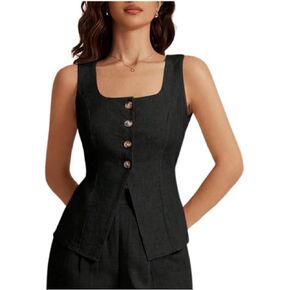 SHENHE Women's Linen Square Neck Button Up Tank Top Dressy Summer Vest Sleeveless Top