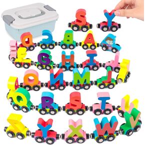 LovesTown Magnetic Alphabet Train Set, 27 Pieces Wooden ABC Letters, Educational Learning Toy with Storage Box