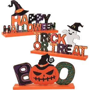 3 pcs Halloween Table Decor Wooden Centerpiece Signs- Happy Halloween Trick or Treat Boo Tabletop Signs with Witch Hat Goast Pumpkin for Home Party Office Desk Halloween Decorations Indoor
