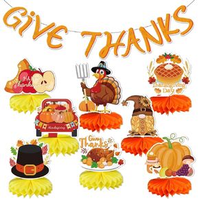 MorTime 9 Pcs Thanksgiving Honeycomb Centerpiece, 8 Fall 3D Honeycomb Paper Table Decorations and 1 Give Thanks Banner, Turkey Pumpkin Autumn Festival Party Supplies