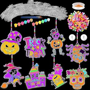 32 Sets Halloween Glow in The Dark Suncatcher Ornaments DIY Window Paint Art Craft Kit, Include Ghost Witch Spider Trick or Treat Luminescent Pigment for Halloween Party Art Activity
