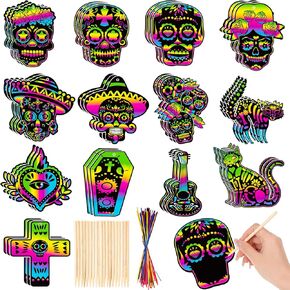 HOWAF 39 PCS Day of The Dead Scratch Cards Gift, Dia De Los Muertos Decoration Magic Sugar Skull Tombstones Scratch Paper Art Kit DIY Mexican Day of The Dead Scratch Cards for Activity Art Project