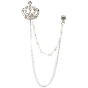 Knighthood Silver Crown Lapel Pin with Hanging Pearl Chain – Elegant Brooch for Men | Coat, Suit, Shirt, Wedding, Party Collar Accessories