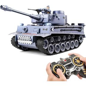 RC Tank, 1:18 German Tiger Grey Remote Control Tank, 60 Minutes Playing Times, Smoke & Sound & Lights & BBS & Water Bombs, 2.4GHz Military Model Tank Toys for Adults & Ages 6+