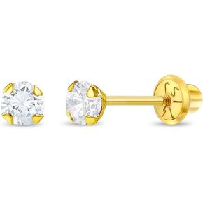14k Yellow Gold Tiny 3mm Cubic Zirconia Prong Set Solitaire Screw Back Earrings for Little Girls - Tiny & Elegant Earrings with Safety Screw Backs for Babies, Toddlers, & Children - Dainty CZ Studs
