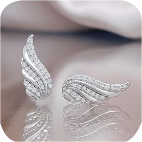 FLYYQMIAO Angel Wings Thin Small Stud Earrings 925 Sterling Silver Cubic Zirconia CZ Cute Delicate Mini Earrings for Women Girl Gifts for Sensitive Ears Stackable Daily Stud Earrings, XG-E408-3