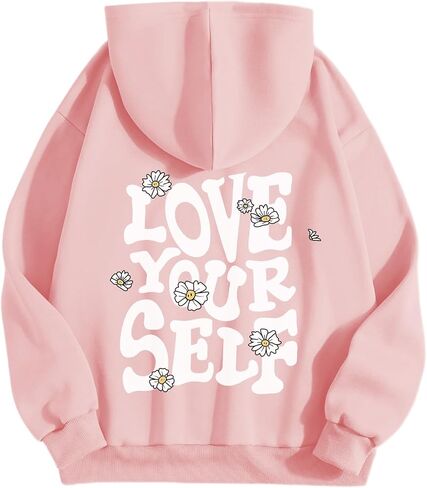 Aesthetic Preppy Hoodies for Teen Girls Cute Graphic Sweatshirts Inspirational Letter Slogan Loose Fit Pullover Tops in Kuwait