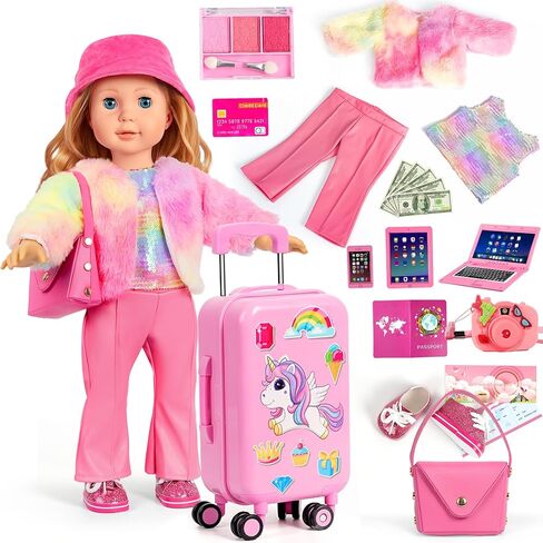 18 inch Doll Clothes and Accessories - Doll Travel Suitcase Luggage, Clothes and Shoes, Bag, Sunglasses, Camera, Passport, Notebook, Phone, pad Travel Gear Play Set(No Doll) in Kuwait