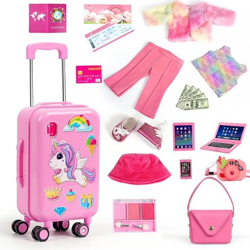 18 inch Doll Clothes and Accessories - Doll Travel Suitcase Luggage, Clothes and Shoes, Bag, Sunglasses, Camera, Passport, Notebook, Phone, pad Travel Gear Play Set(No Doll) in Kuwait